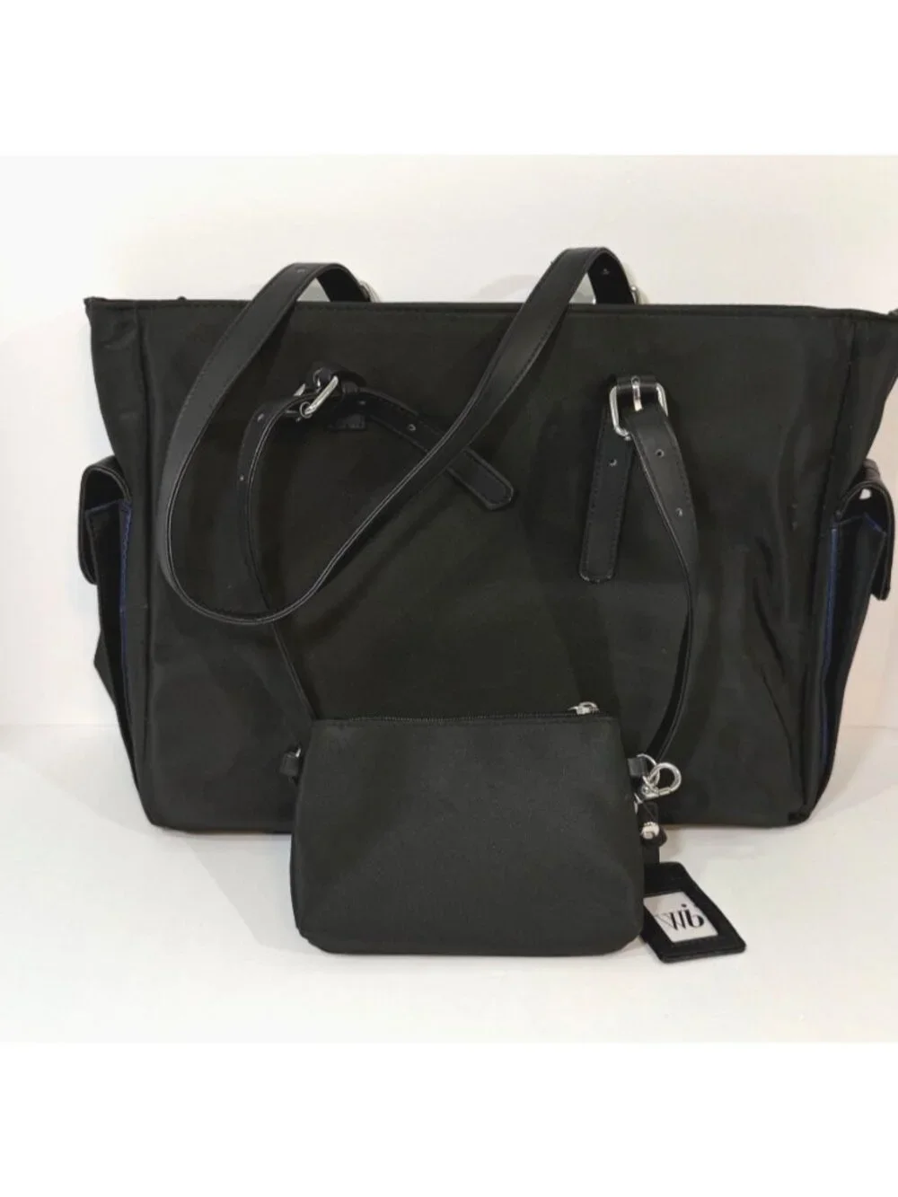 Black Laptop Tote Bag Large Work Shoulder Bag Blue Interior w/Pouch
